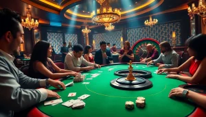 Gambling enthusiasts enjoy thrilling poker action at EV88's luxury casino table.