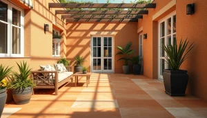 Belle terrasse présentant différents styles de carrelage extérieur, espace de vie en plein air accueillant.