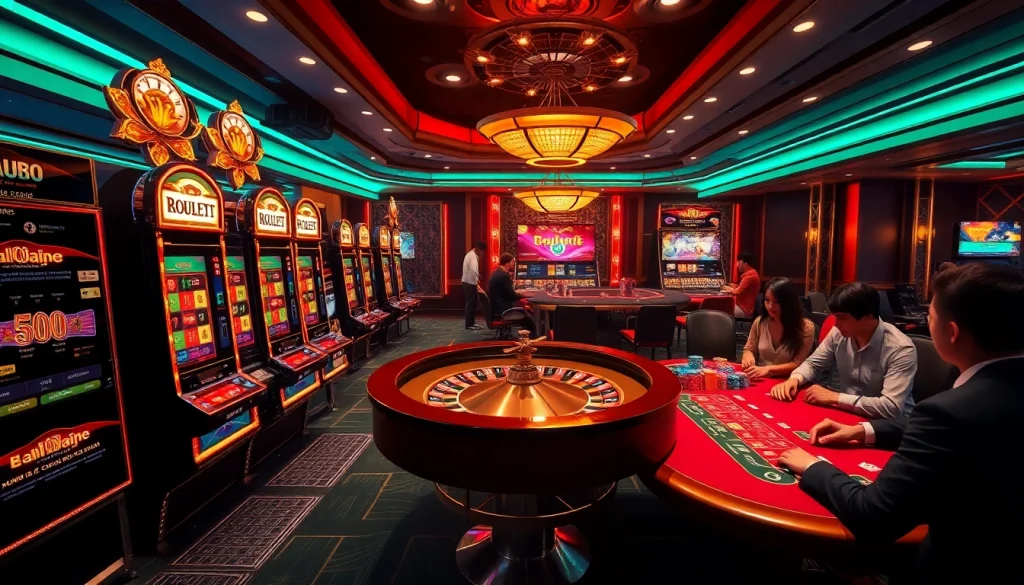 A dynamic online casino scene showcasing players enjoying games like slots and poker at https://rr88c.org/, reflecting excitement and luxury.