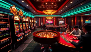 A dynamic online casino scene showcasing players enjoying games like slots and poker at https://rr88c.org/, reflecting excitement and luxury.
