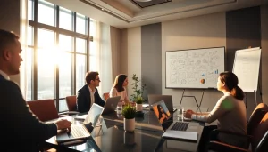 Engaged team members discussing Business strategies in a professional conference room.
