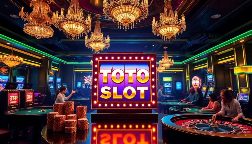 Toto slot machine highlighted in a vibrant casino atmosphere with gamblers celebrating wins.