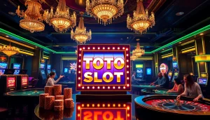 Toto slot machine highlighted in a vibrant casino atmosphere with gamblers celebrating wins.