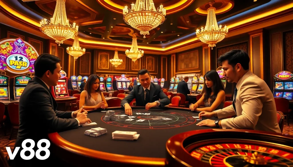 Experience thrilling gaming at vn88 casino with vibrant poker tables and excited players.
