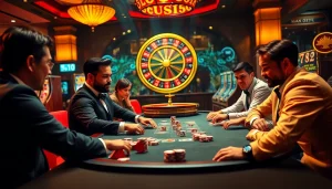 Players enjoying an exciting poker game at nhà cái sunwin, surrounded by vibrant casino elements.