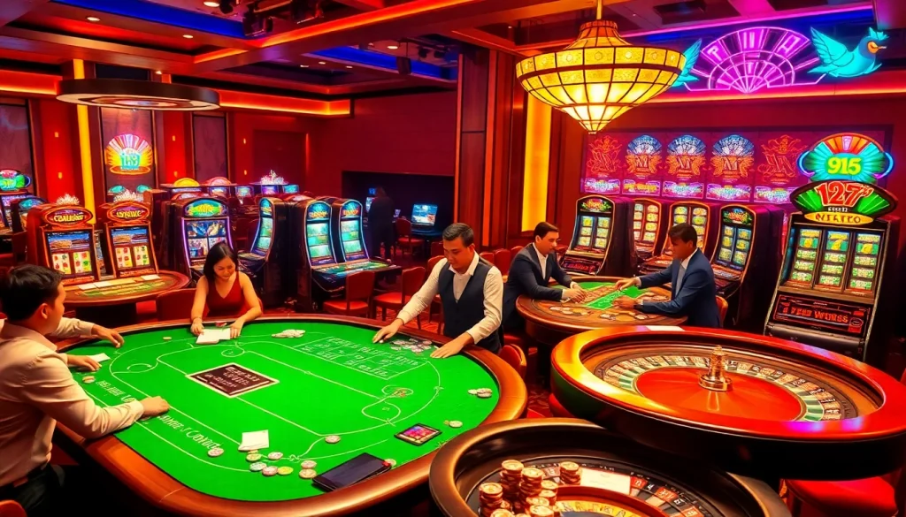 Players enjoying table games at https://918kiss.net/, highlighting exciting casino atmosphere with poker chips.