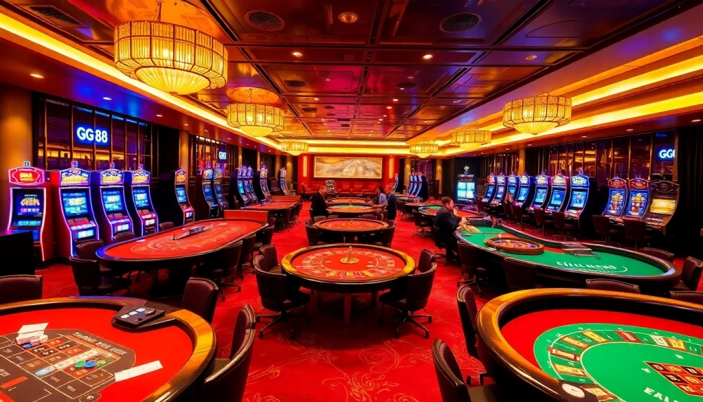 GG88 players engaged in thrilling casino games, showcasing luxury and excitement.