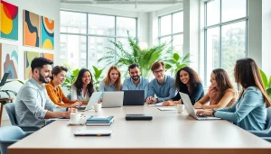 Agency professionals collaborating creatively in a bright, modern workspace.