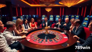 A vibrant casino scene at https://789win.apartments/ with players excitedly betting at a roulette table.