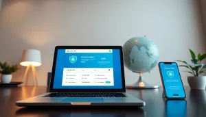 快连VPN interface on a laptop screen in a serene workspace, symbolizing security and global connectivity.