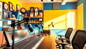 Engaging view of the radio studio setup at hometownstation.com showcasing a vibrant broadcast environment.