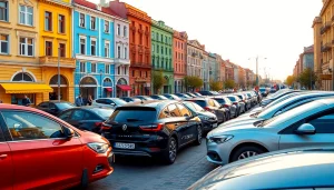 Chirie auto Moldova: A vibrant street scene in Chișinău with various rental cars available.