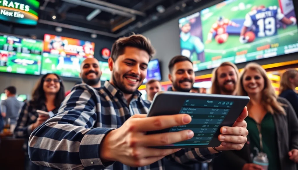 Engaged bettors exploring sportsbooks in Manitoba in a vibrant sports bar atmosphere.