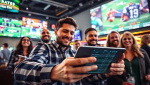 Engaged bettors exploring sportsbooks in Manitoba in a vibrant sports bar atmosphere.