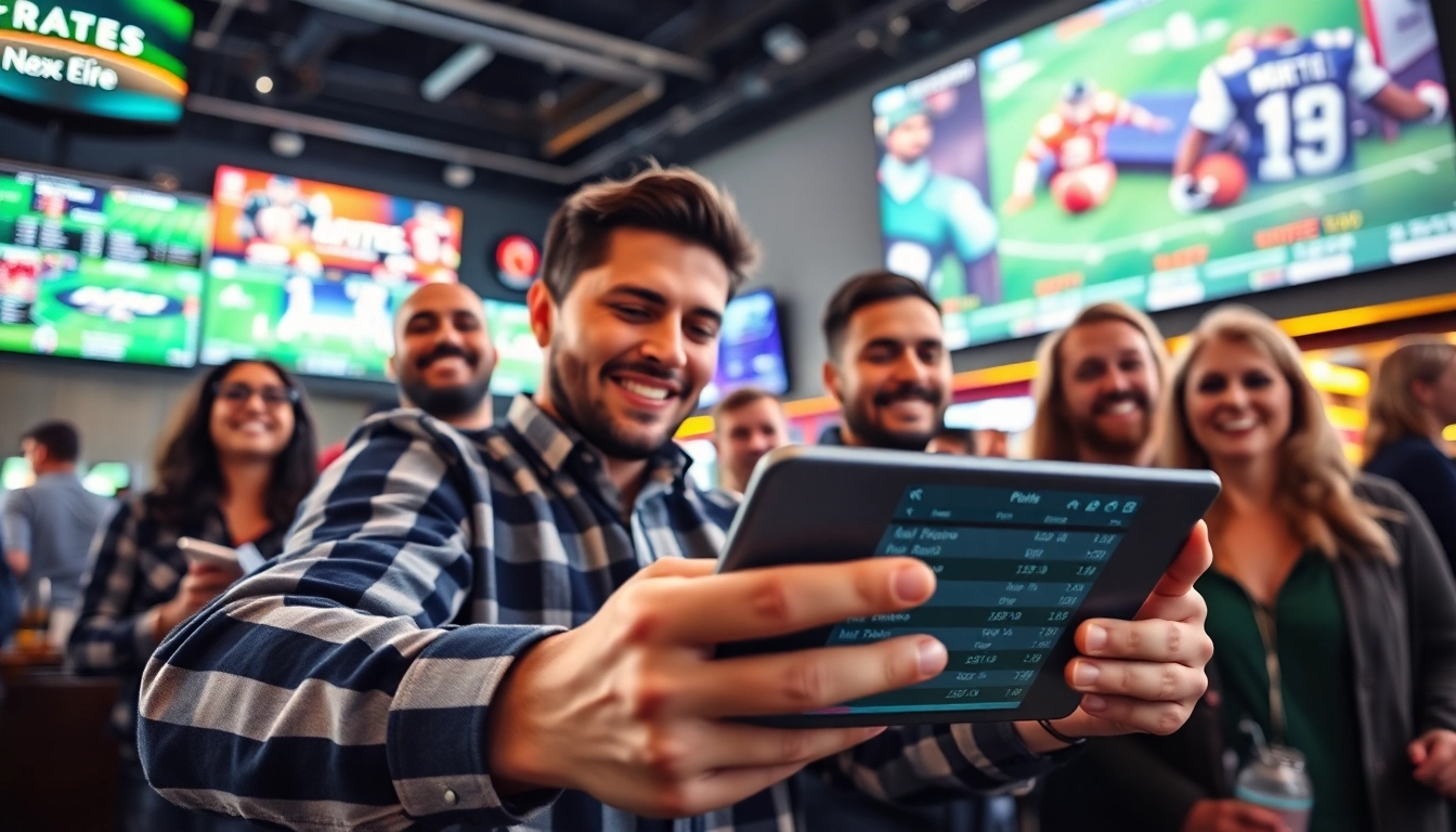 Engaged bettors exploring sportsbooks in Manitoba in a vibrant sports bar atmosphere.