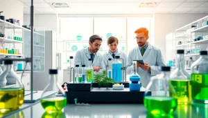 Laboratory scene focused on WIN55 cannabinoid research with scientists collaborating and high-tech equipment.