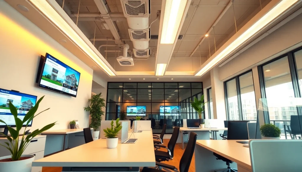 Showcasing a modern real estate office with vibrant decor and property listings.