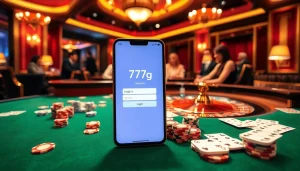 Engaging scene showing 777g Login on a smartphone among players at a luxury casino table.