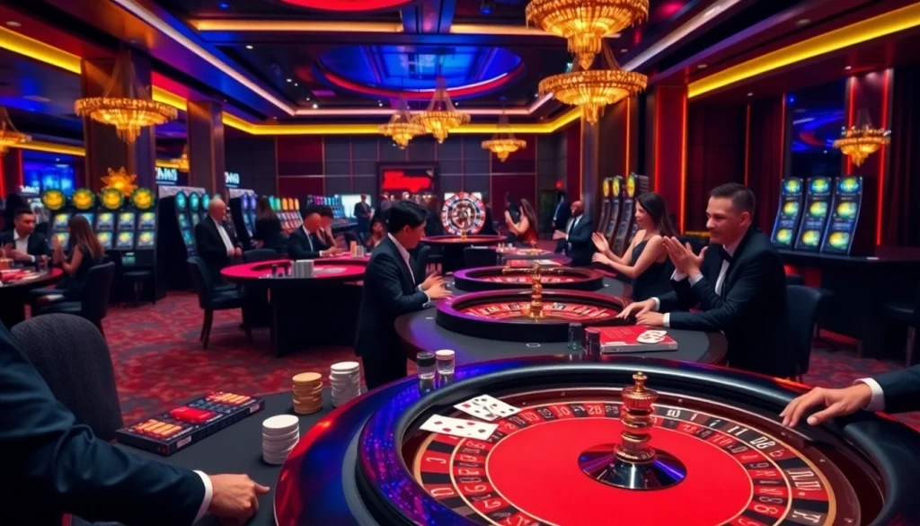 Engaging King88 vina gaming scene showcasing casino tables, chips, and players.
