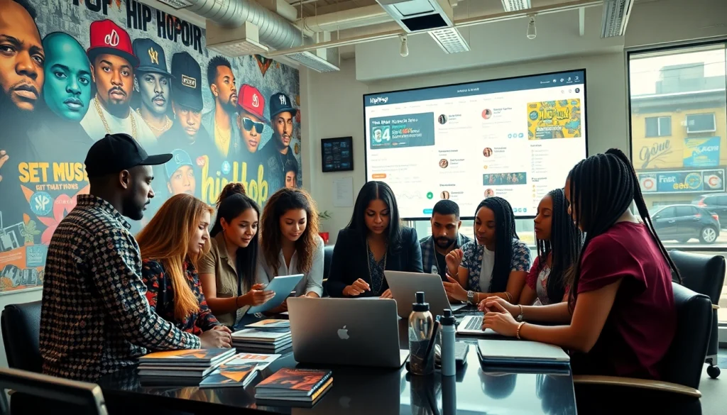 Hip hop PR agency team strategizing in a vibrant modern office.