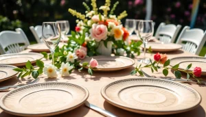 Showcasing eco-friendly wedding plates beautifully set for an outdoor celebration.