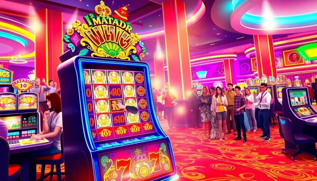 Mainan slot matador168 dengan suasana kasino yang ramai dan penuh kegembiraan.