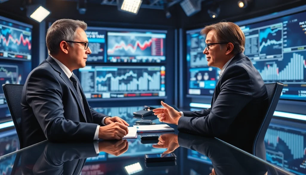 Journalist at desk reporting on technology trends at https://relevance.com.ua with a high-tech backdrop.