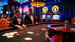 Experience thrilling gameplay at MM88 with an upscale casino blackjack table and vibrant roulette wheel.