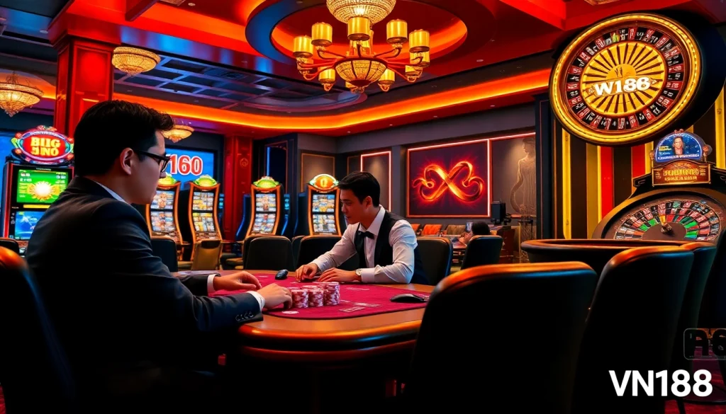 Gambling enthusiasts play at VN168's luxurious online casino, showcasing excitement with slots and poker chips.