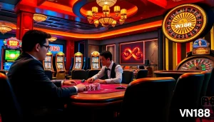 Gambling enthusiasts play at VN168's luxurious online casino, showcasing excitement with slots and poker chips.