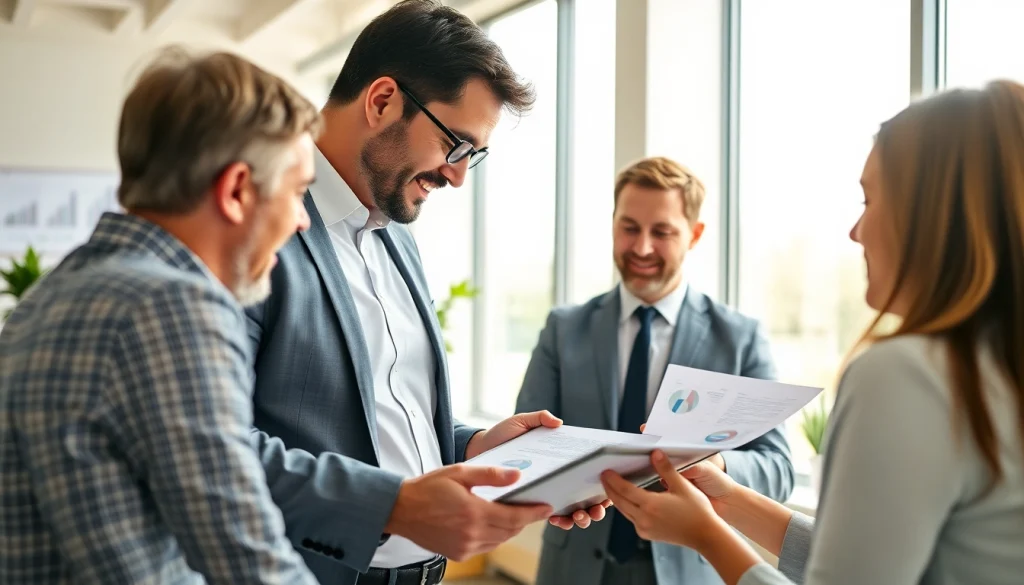 Professional SMSF accountant advising clients in a modern office on investment strategies.