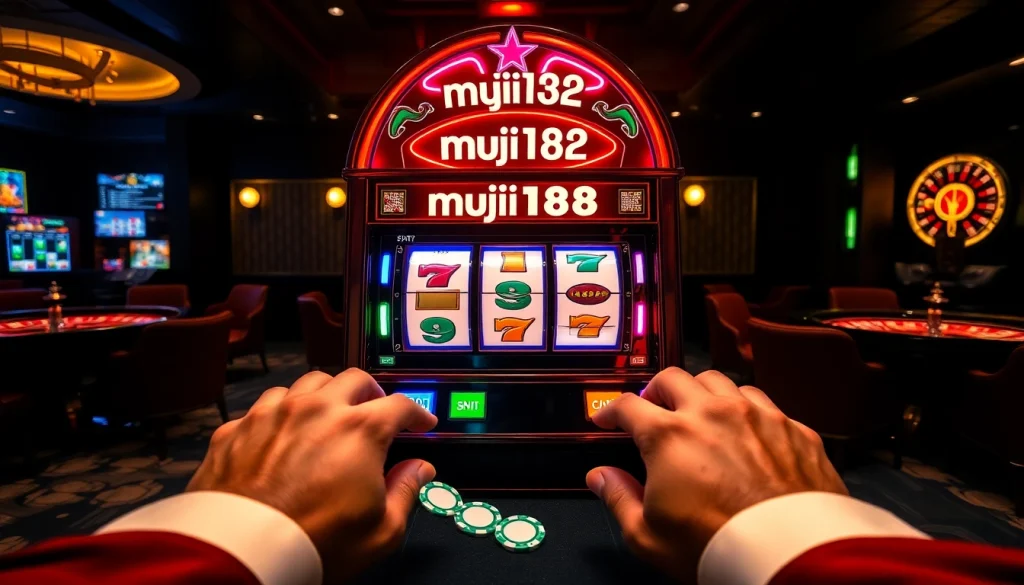 Spin the vibrant muji138 slot machine in a luxurious casino atmosphere filled with excitement.