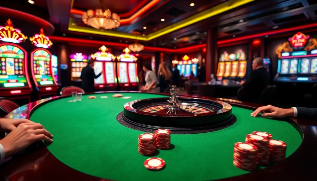 Experience the thrill of AF88 LINK at a glamorous casino with roulette tables and slot machines.