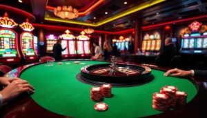 Experience the thrill of AF88 LINK at a glamorous casino with roulette tables and slot machines.