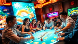 A dynamic scene of players enjoying bắn cá đổi thưởng at a casino table, capturing excitement and vibrant graphics.