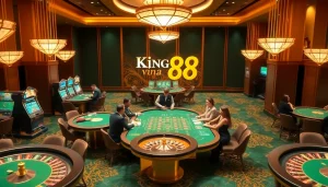 Players enjoying exciting games at King88 vina's luxurious online casino, highlighting vibrant tables and slot machines.