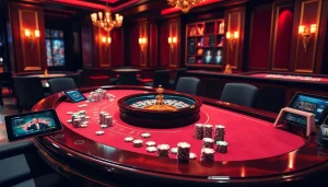 Engage in an exhilarating casino atmosphere at win55 com, featuring colorful poker chips and a spinning roulette wheel.