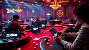 Engaging with 12bet's online casino games surrounded by vibrant gambling visuals.