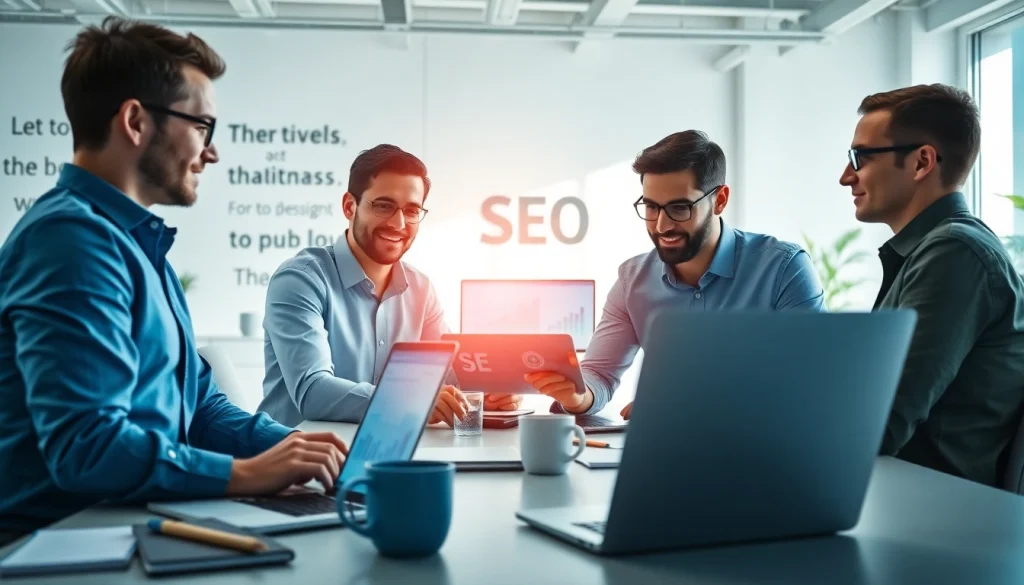 Analyze SEO strategies in a bright office, showcasing teamwork and digital marketing insights.