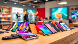 Buy used phones online showcasing a variety of models organized on a sleek display table.