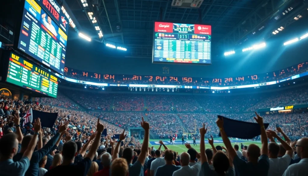 Engaging scene showcasing sports betting in Georgia with fans cheering and digital odds in a stadium.