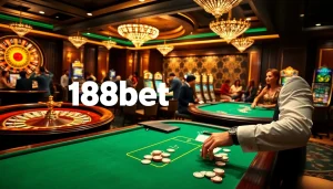 A luxurious casino scene depicting 188bet's exciting poker games and roulette, showcasing vibrant action and professional dealers.