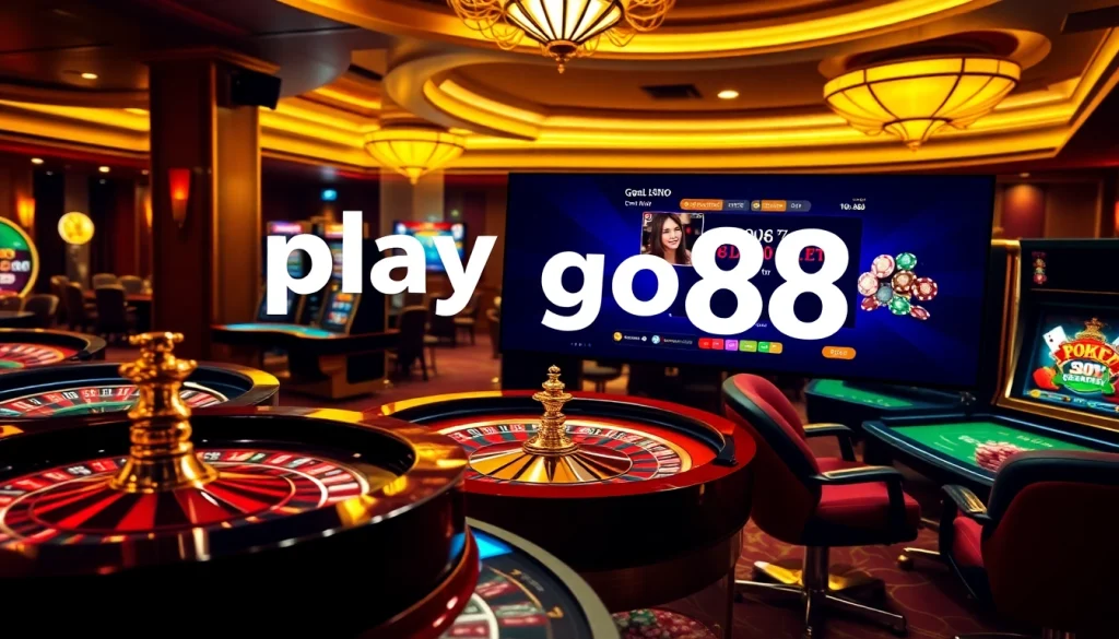 Experience the thrill of play go88 in a vibrant casino setting with roulette wheels and slot machines.