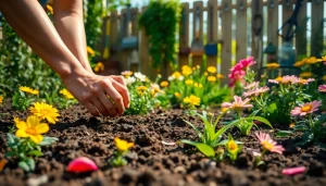 Gardening scene featuring a gardener planting seeds with colorful flowers and greenery in the background.