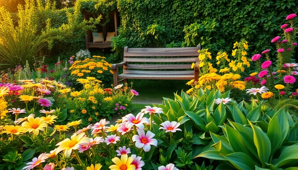 Gardening enthusiasts can explore a vibrant landscape showcasing colorful flowers, lush greenery, and a peaceful bench.