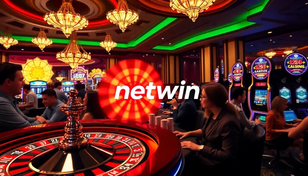 Experience high-stakes gaming excitement at Netwin with poker chips and a roulette wheel.