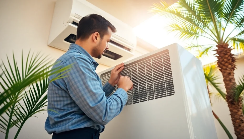 Technician servicing a Scottsdale AC unit in a bright, desert home environment.