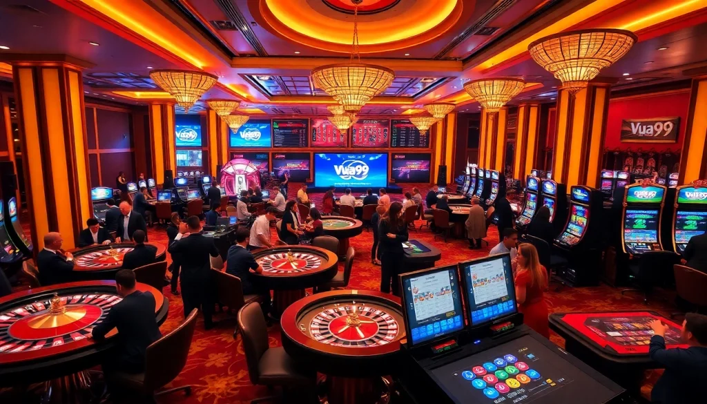 Vua99 players engaging at a vibrant casino table showcasing excitement and luxury.