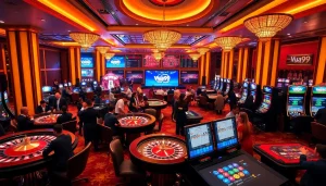 Vua99 players engaging at a vibrant casino table showcasing excitement and luxury.