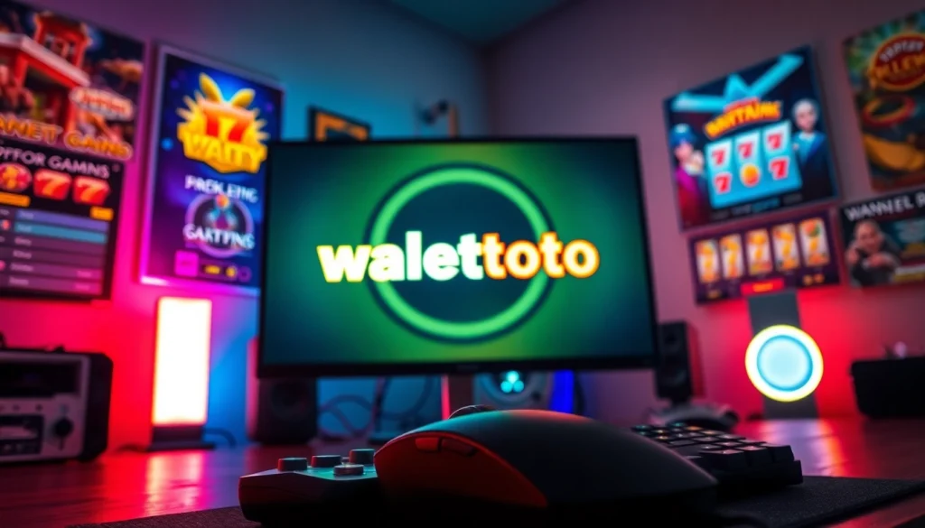 Walettoto logo on a glowing gaming screen with vibrant lights and gaming accessories.